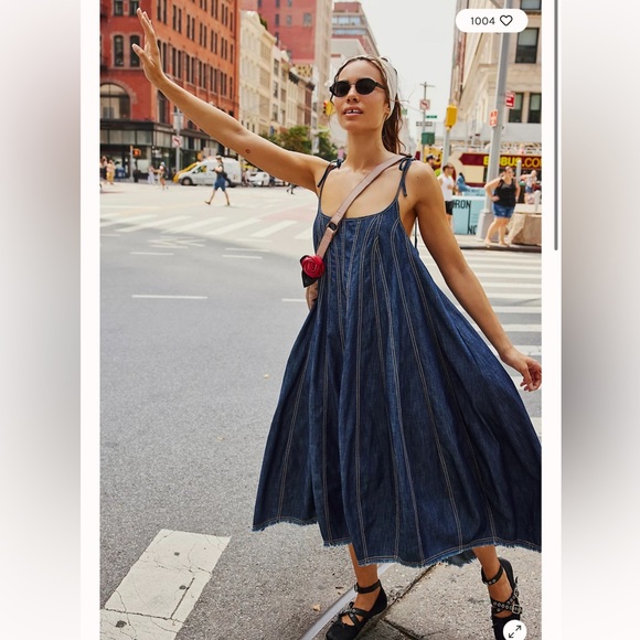 Free People Denim Dreams Denim Chambray Tie Shoulder Seamed Midi Dress M - Picture 2 of 8